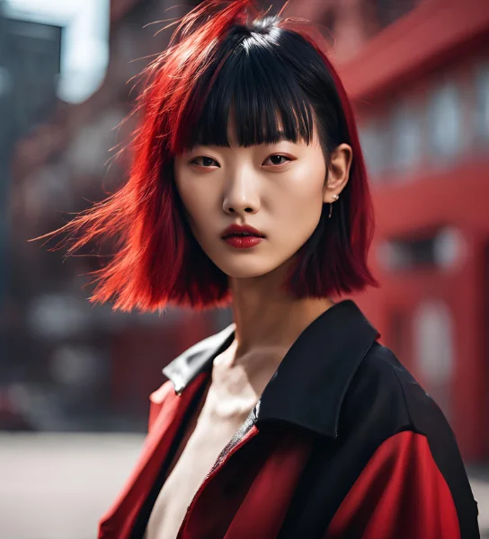 Korean Short Dark and Bright Red Wolf Cut With Bangs