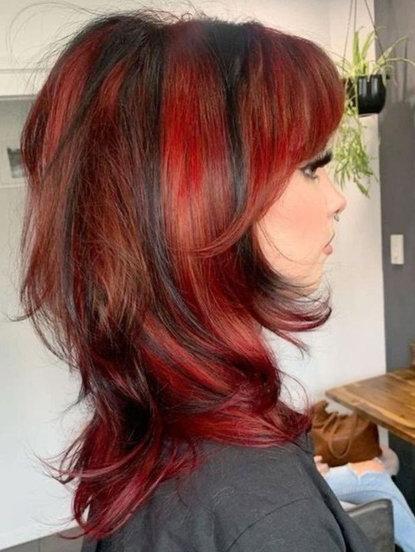 Layered Carmine Red and Black Duo-Toned Wolf Cut