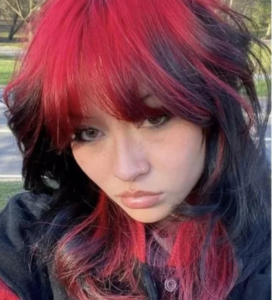 Long Crimson Red Fluffy Wolf Cut With Blunt Bangs
