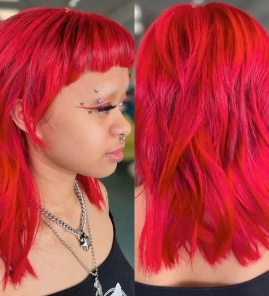 Red Mullet Wolf Cut With Blunt Bangs and Face Layers